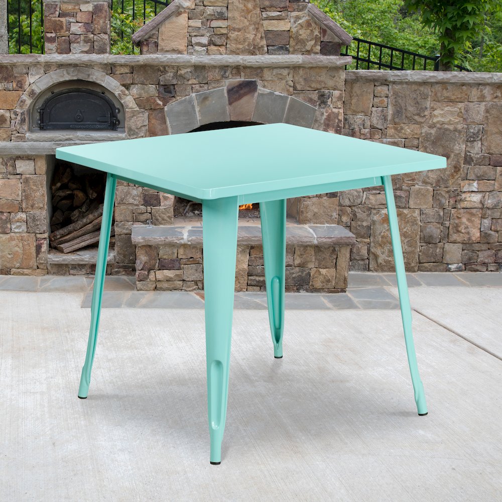 Commercial Grade 31.5" Square Mint Green Metal Indoor-Outdoor Table. Picture 2