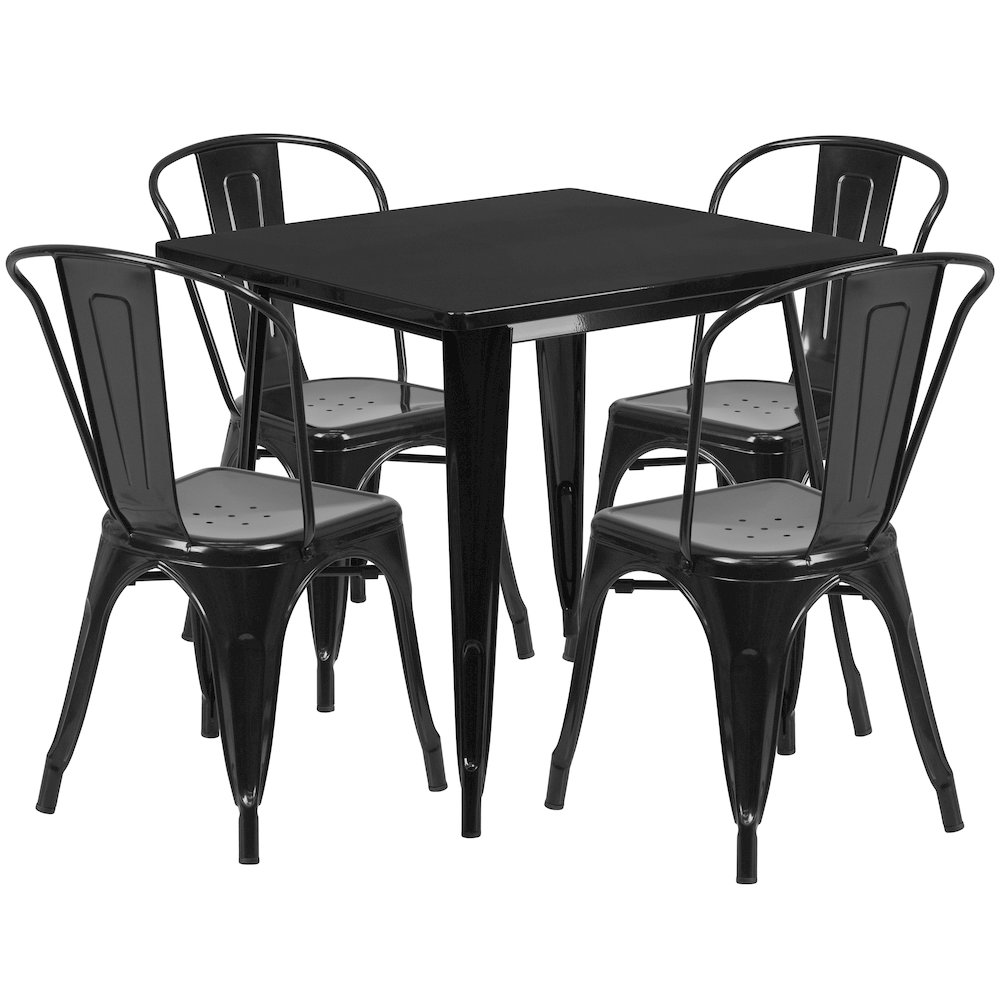 31.5" Square Black Metal Indoor-Outdoor Table Set with 4 Stack Chairs. Picture 1