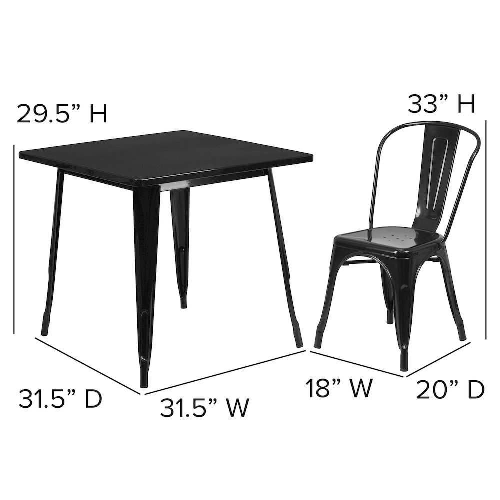 31.5" Square Black Metal Indoor-Outdoor Table Set with 4 Stack Chairs. Picture 5