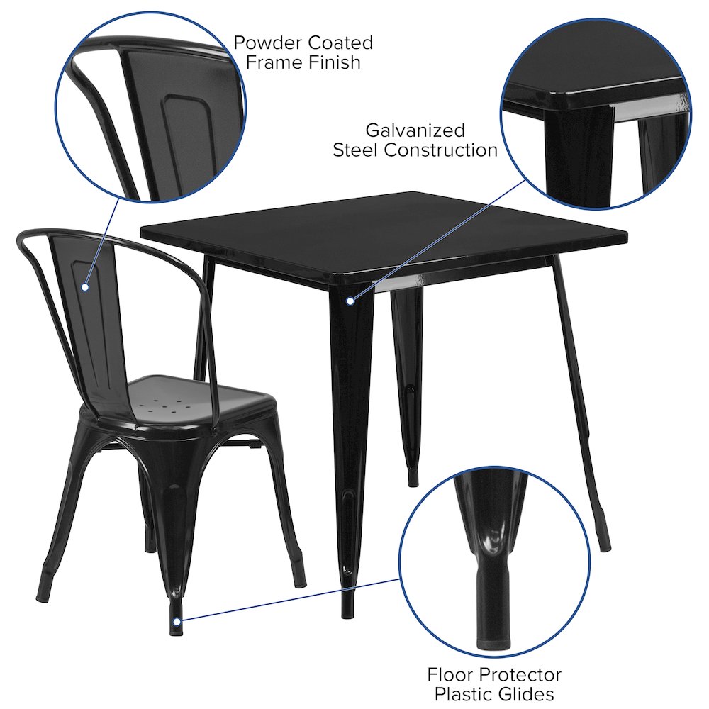 31.5" Square Black Metal Indoor-Outdoor Table Set with 4 Stack Chairs. Picture 4