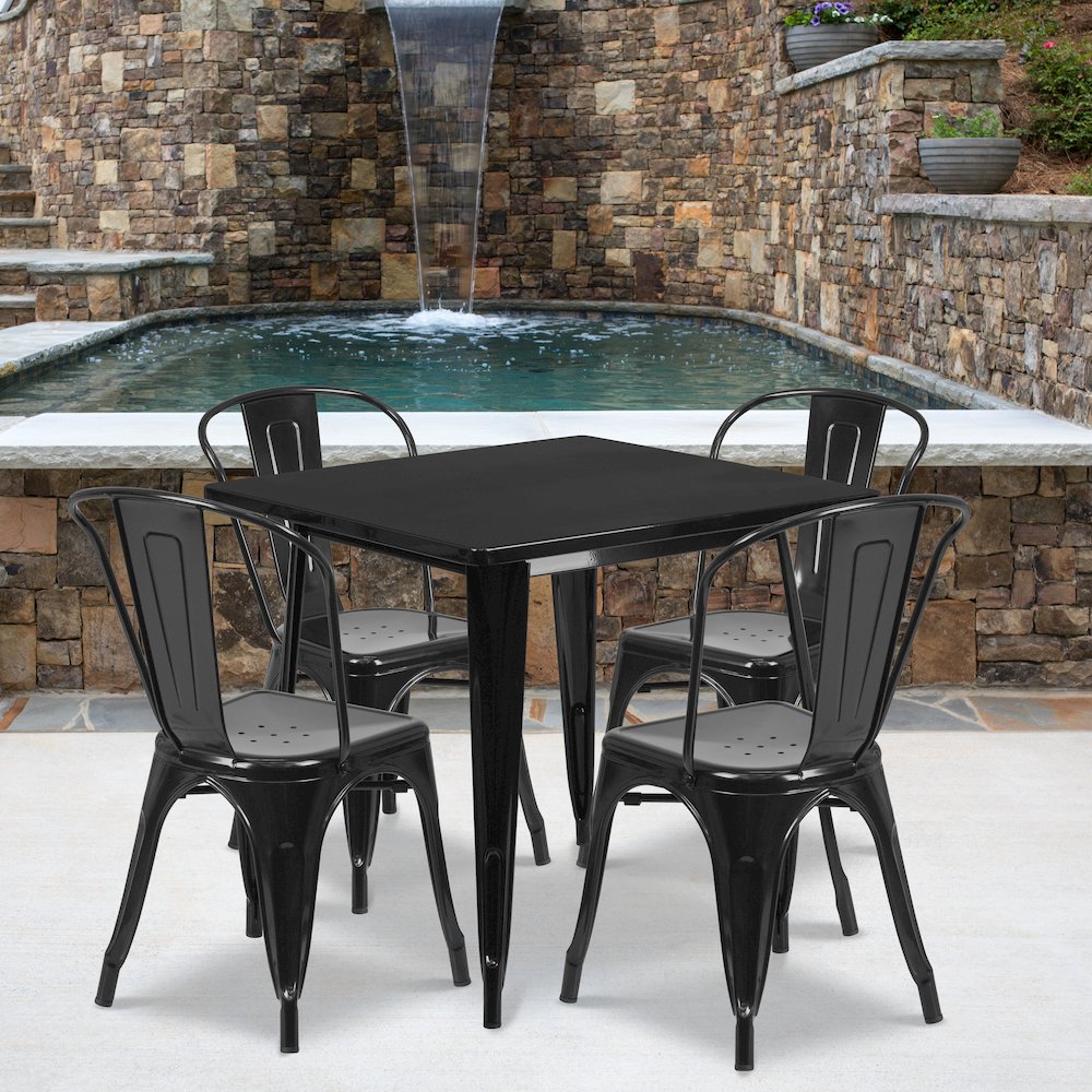 31.5" Square Black Metal Indoor-Outdoor Table Set with 4 Stack Chairs. Picture 2