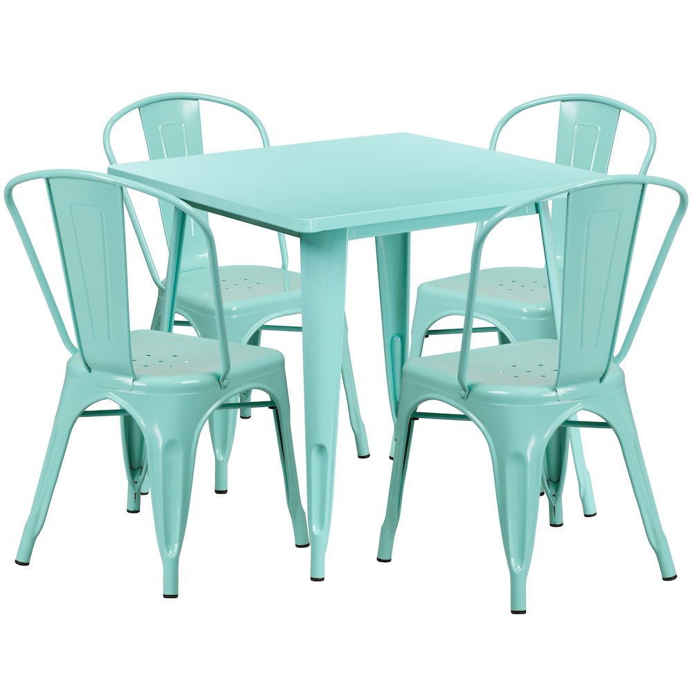 31.5" Square Mint Green Metal Indoor-Outdoor Table Set with 4 Stack Chairs. Picture 1