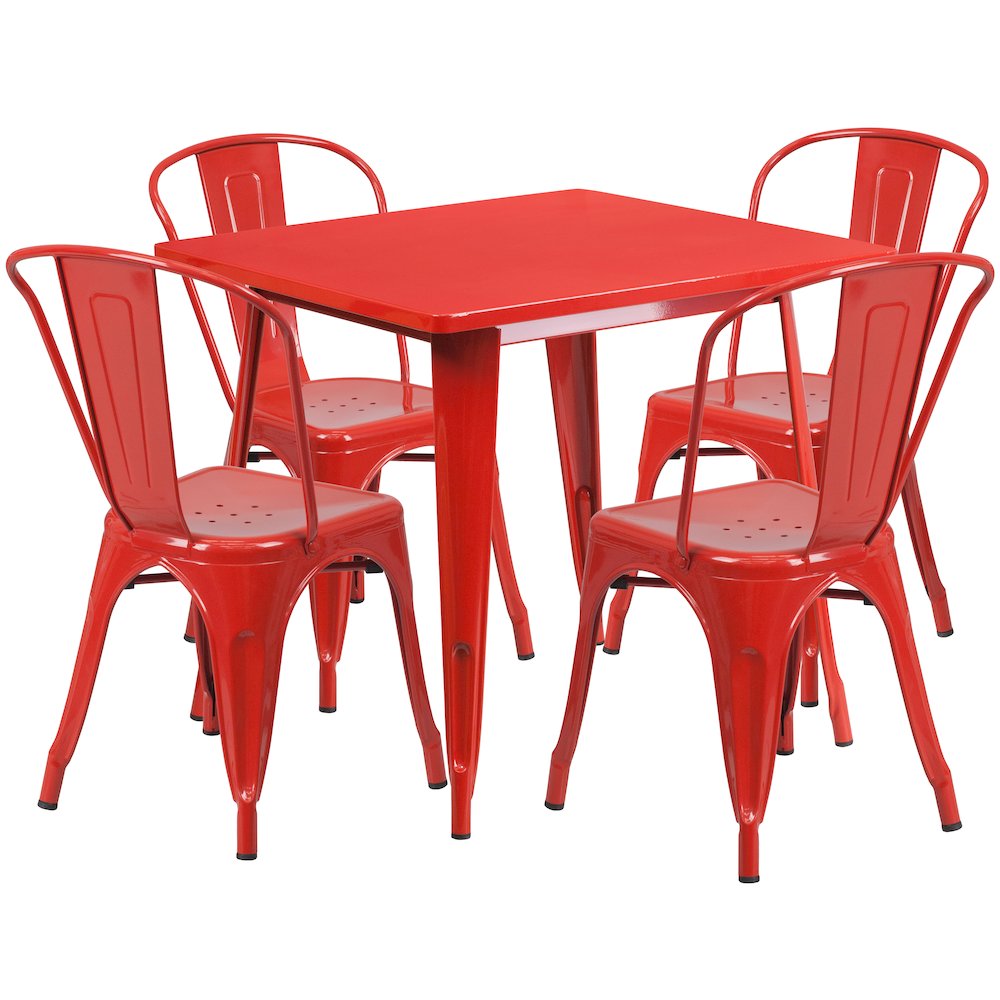 31.5" Square Red Metal Indoor-Outdoor Table Set with 4 Stack Chairs. Picture 1