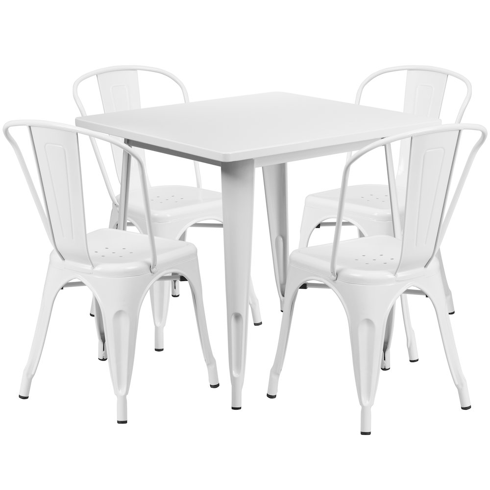 Commercial Grade 31.5" Square White Metal Indoor-Outdoor Table Set with 4 Stack Chairs. Picture 1