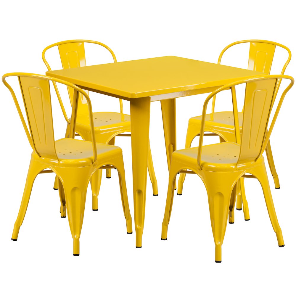 Commercial Grade 31.5" Square Yellow Metal Indoor-Outdoor Table Set with 4 Stack Chairs. Picture 1