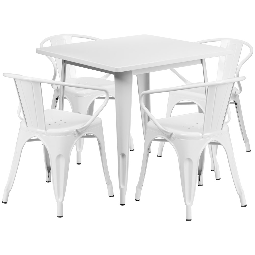 31.5" Square White Metal Indoor-Outdoor Table Set with 4 Arm Chairs. Picture 1