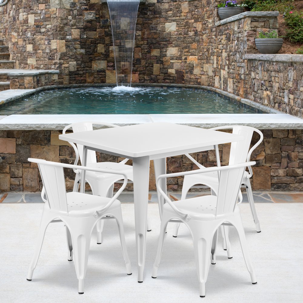 31.5" Square White Metal Indoor-Outdoor Table Set with 4 Arm Chairs. Picture 2
