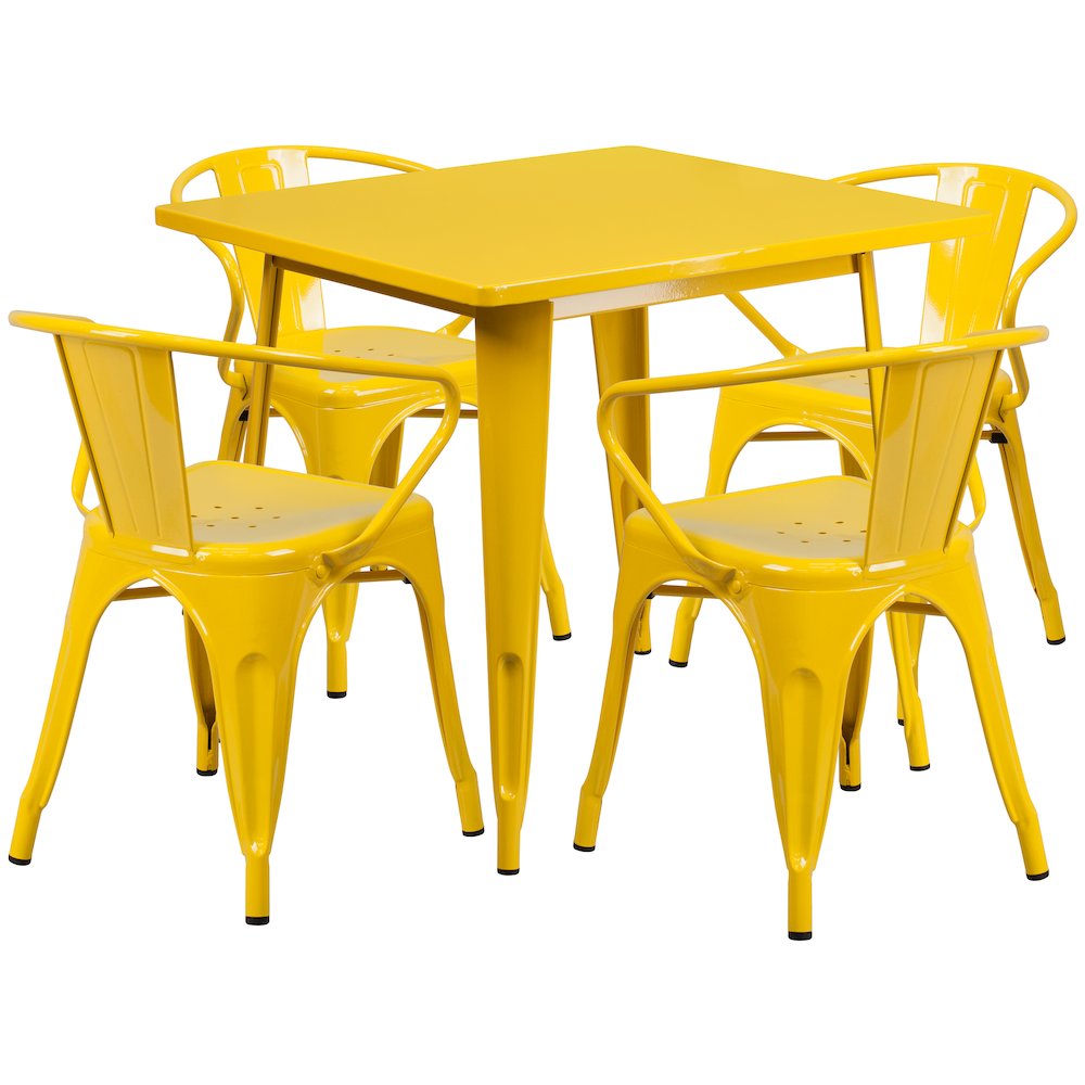 31.5" Square Yellow Metal Indoor-Outdoor Table Set with 4 Arm Chairs. Picture 1