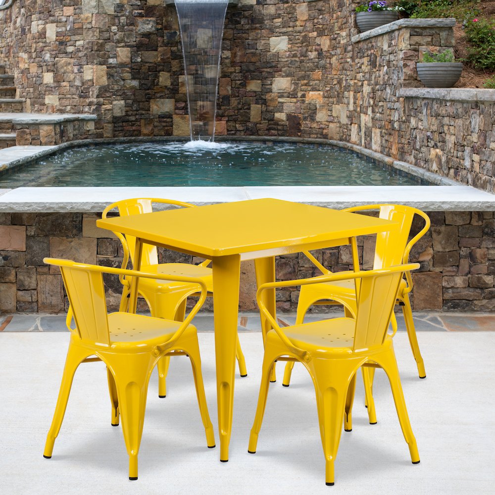 31.5" Square Yellow Metal Indoor-Outdoor Table Set with 4 Arm Chairs. Picture 2