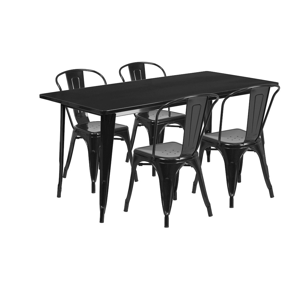 31.5" x 63" Rectangular Black Metal Indoor-Outdoor Table Set with 4 Stack Chairs. Picture 1