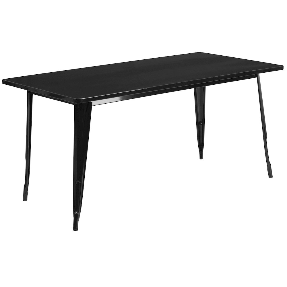 31.5" x 63" Rectangular Black Metal Indoor-Outdoor Table Set with 4 Stack Chairs. Picture 4