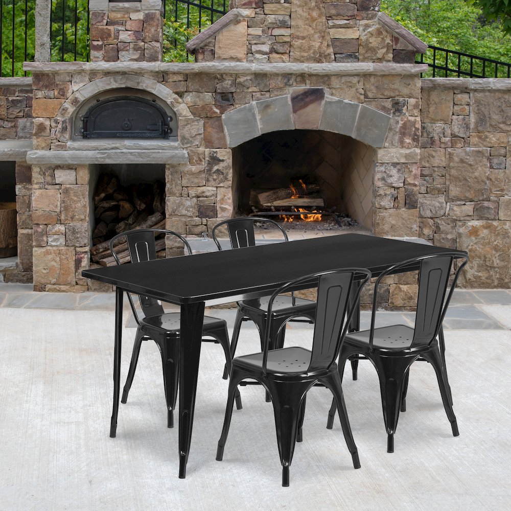31.5" x 63" Rectangular Black Metal Indoor-Outdoor Table Set with 4 Stack Chairs. Picture 2