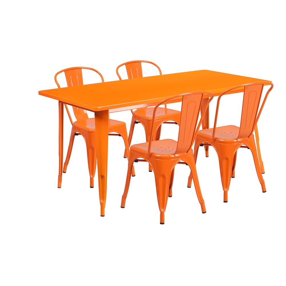 31.5" x 63" Orange Metal Indoor-Outdoor Table Set with 4 Stack Chairs. Picture 1