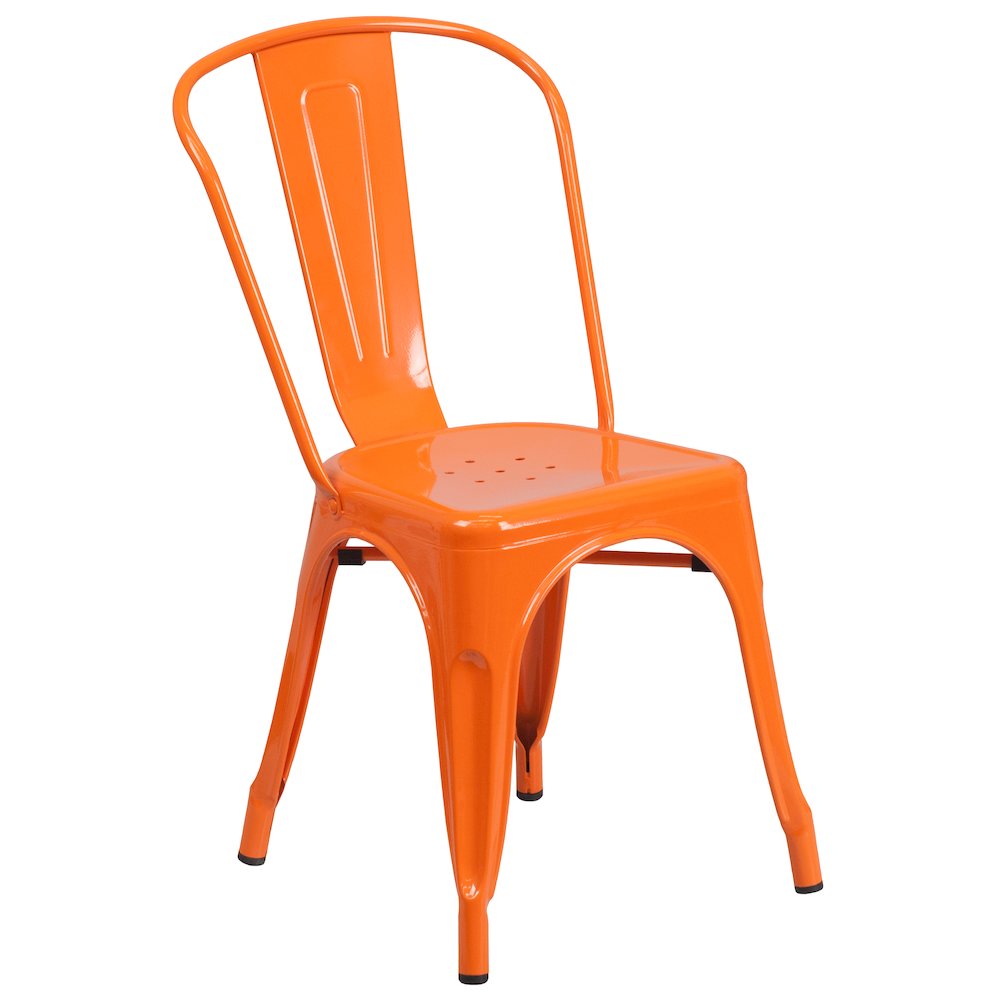 31.5" x 63" Orange Metal Indoor-Outdoor Table Set with 4 Stack Chairs. Picture 5