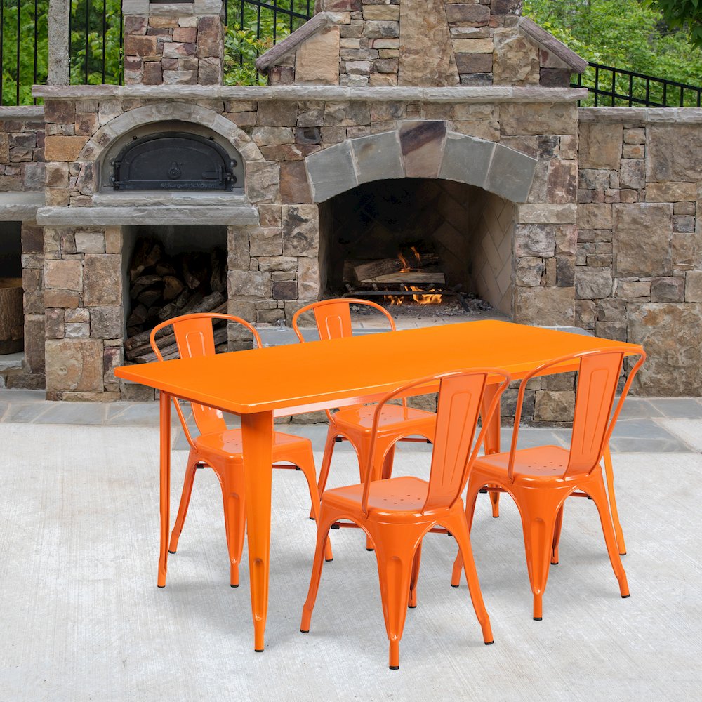31.5" x 63" Orange Metal Indoor-Outdoor Table Set with 4 Stack Chairs. Picture 2
