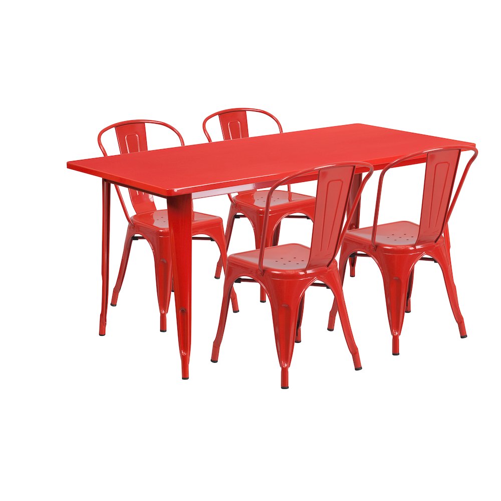 31.5" x 63" Rectangular Red Metal Indoor-Outdoor Table Set with 4 Stack Chairs. Picture 1