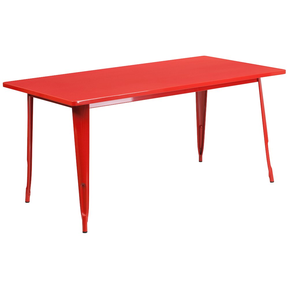31.5" x 63" Rectangular Red Metal Indoor-Outdoor Table Set with 4 Stack Chairs. Picture 4