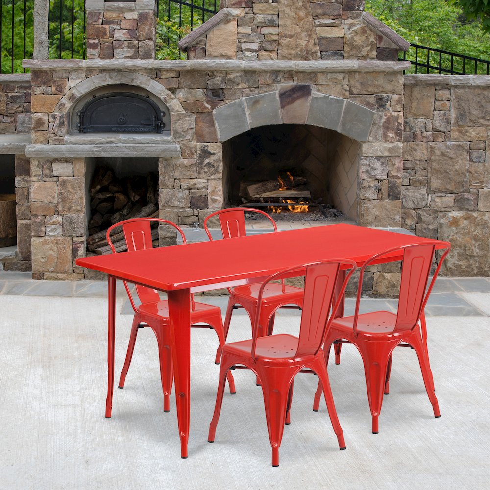 31.5" x 63" Rectangular Red Metal Indoor-Outdoor Table Set with 4 Stack Chairs. Picture 2