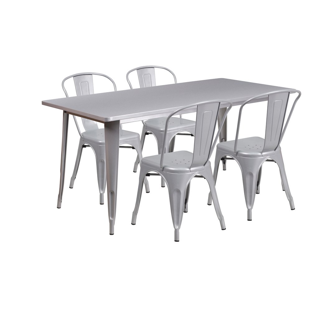31.5" x 63" Silver Metal Indoor-Outdoor Table Set with 4 Stack Chairs. Picture 1
