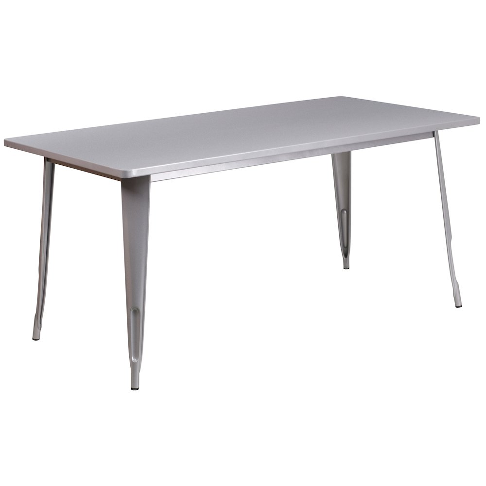 31.5" x 63" Silver Metal Indoor-Outdoor Table Set with 4 Stack Chairs. Picture 4