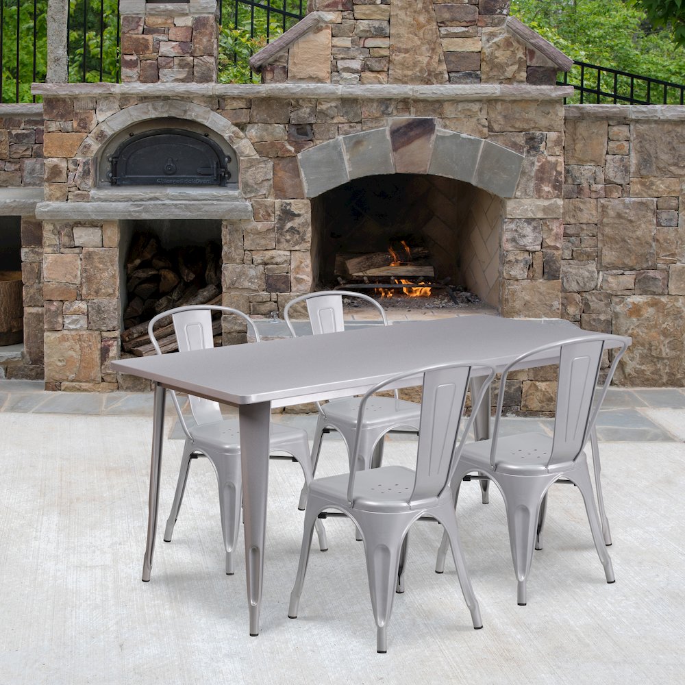 31.5" x 63" Silver Metal Indoor-Outdoor Table Set with 4 Stack Chairs. Picture 2