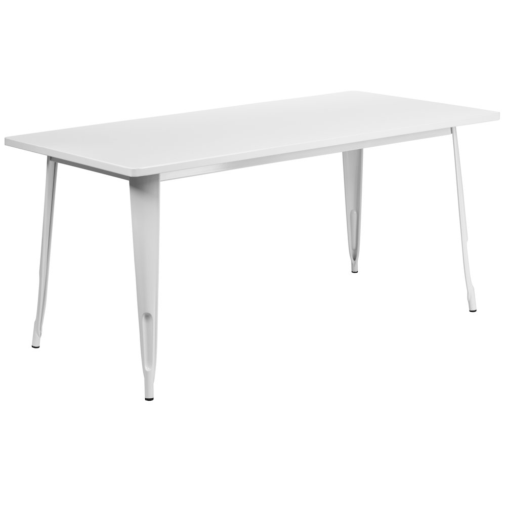 31.5" x 63" Rectangular White Metal Indoor-Outdoor Table Set with 4 Stack Chairs. Picture 4
