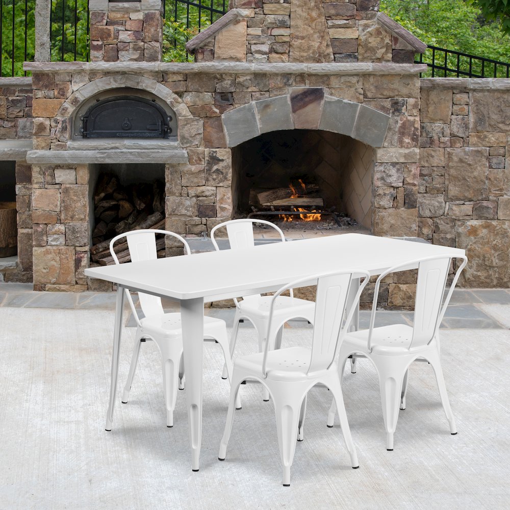31.5" x 63" Rectangular White Metal Indoor-Outdoor Table Set with 4 Stack Chairs. Picture 2
