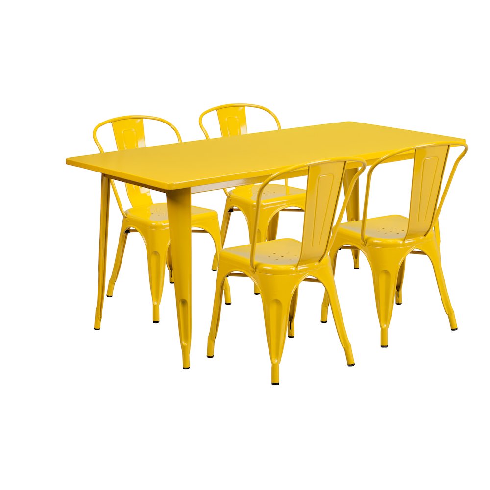 Commercial Grade 31.5" x 63" Rectangular Yellow Metal Indoor-Outdoor Table Set with 4 Stack Chairs. Picture 1