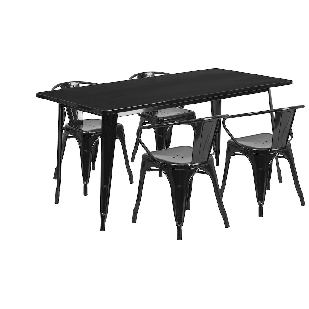 31.5" x 63" Rectangular Black Metal Indoor-Outdoor Table Set with 4 Arm Chairs. Picture 1