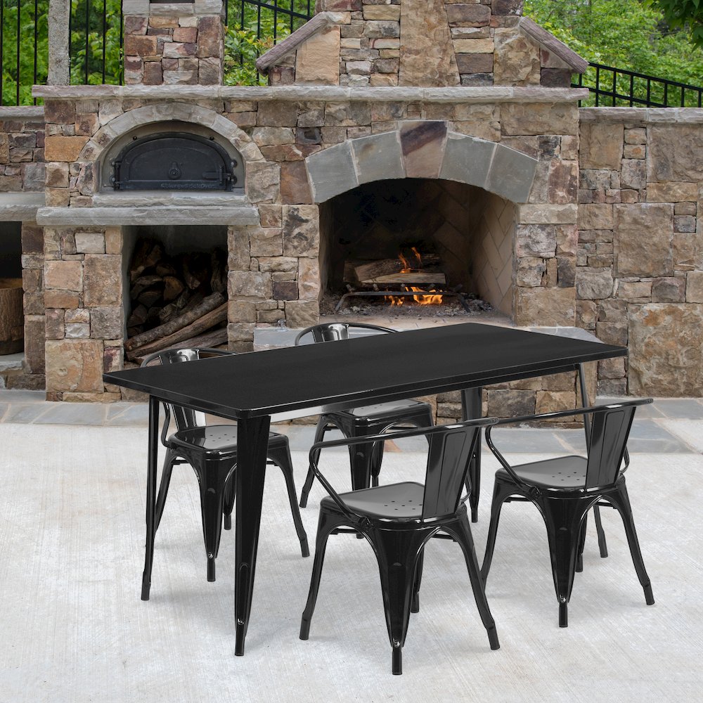 31.5" x 63" Rectangular Black Metal Indoor-Outdoor Table Set with 4 Arm Chairs. Picture 2