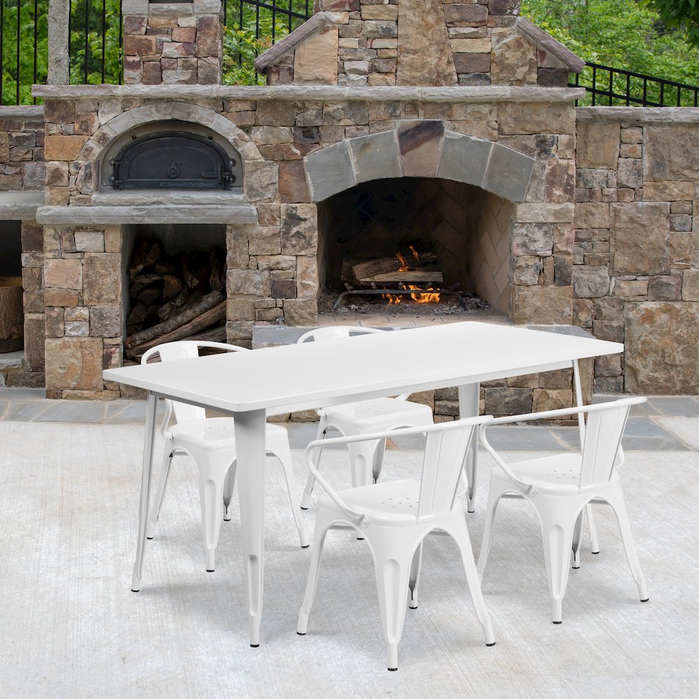 31.5" x 63" Rectangular White Metal Indoor-Outdoor Table Set with 4 Arm Chairs. Picture 2