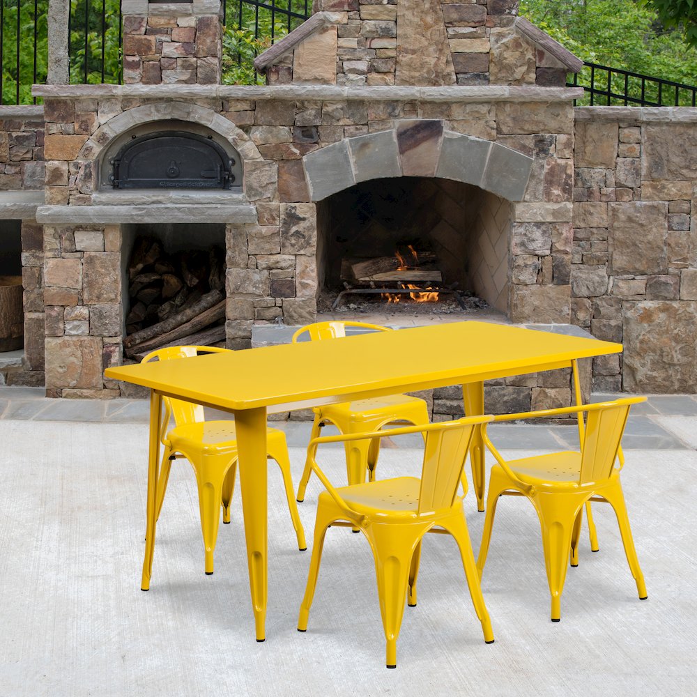 Commercial Grade 31.5" x 63" Rectangular Yellow Metal Indoor-Outdoor Table Set with 4 Arm Chairs. Picture 4