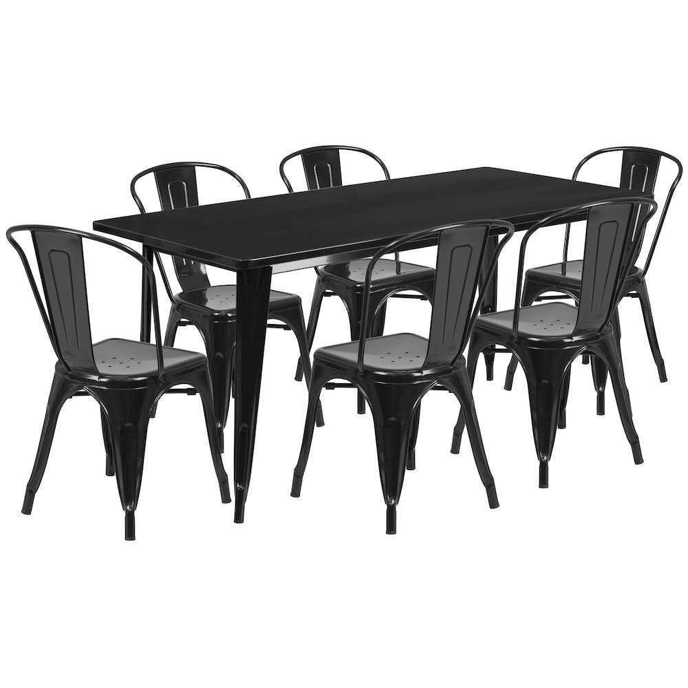 1.5" x 63" Rectangular Black Metal Indoor-Outdoor Table Set with 6 Stack Chairs. Picture 1