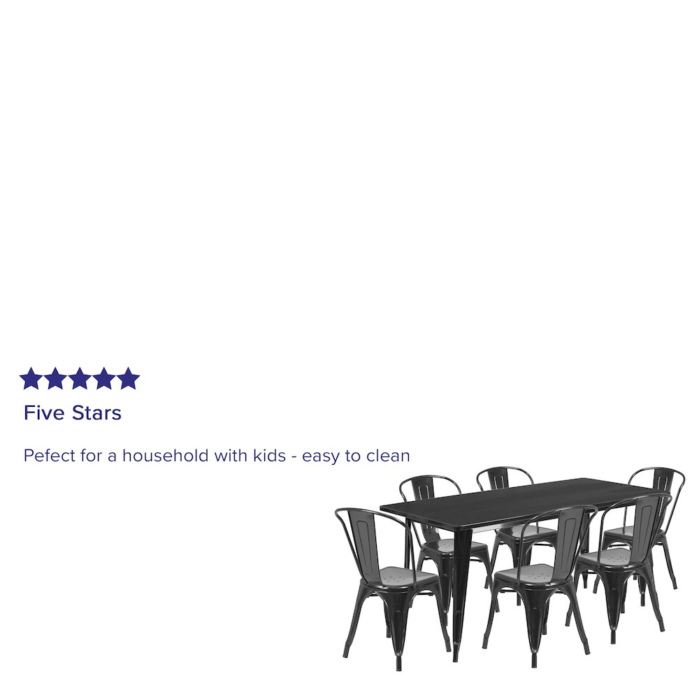 1.5" x 63" Rectangular Black Metal Indoor-Outdoor Table Set with 6 Stack Chairs. Picture 4