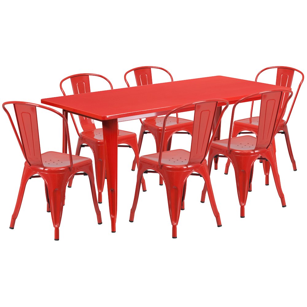 Commercial Grade 31.5" x 63" Rectangular Red Metal Indoor-Outdoor Table Set with 6 Stack Chairs. Picture 1