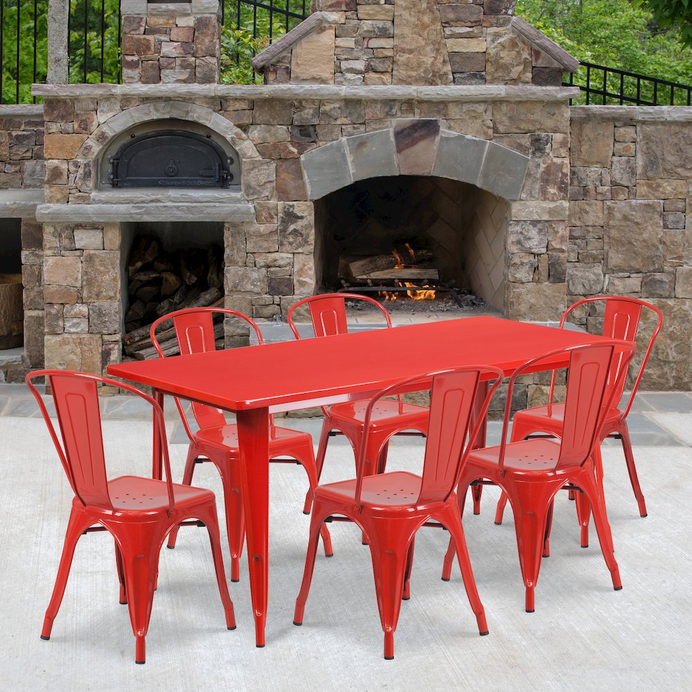 Commercial Grade 31.5" x 63" Rectangular Red Metal Indoor-Outdoor Table Set with 6 Stack Chairs. Picture 4