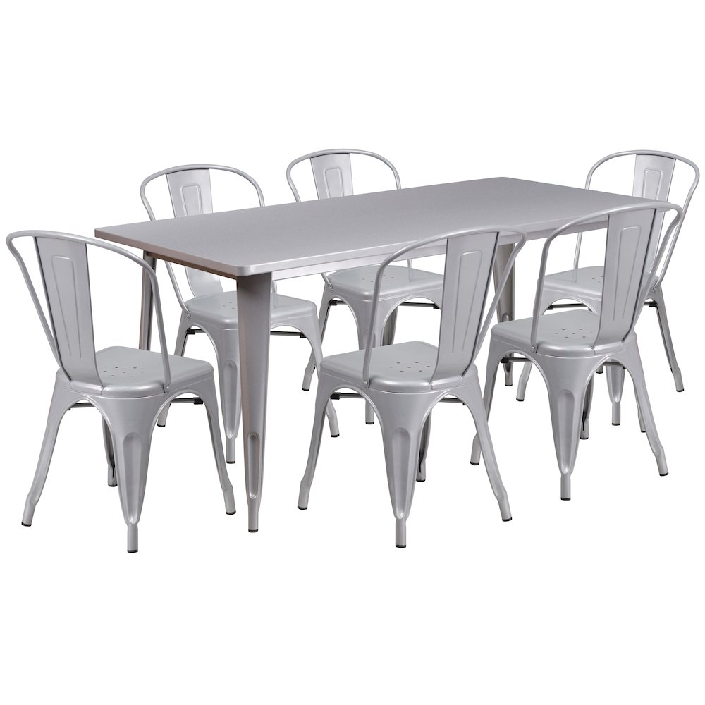1.5" x 63" Rectangular Silver Metal Indoor-Outdoor Table Set with 6 Stack Chairs. Picture 1