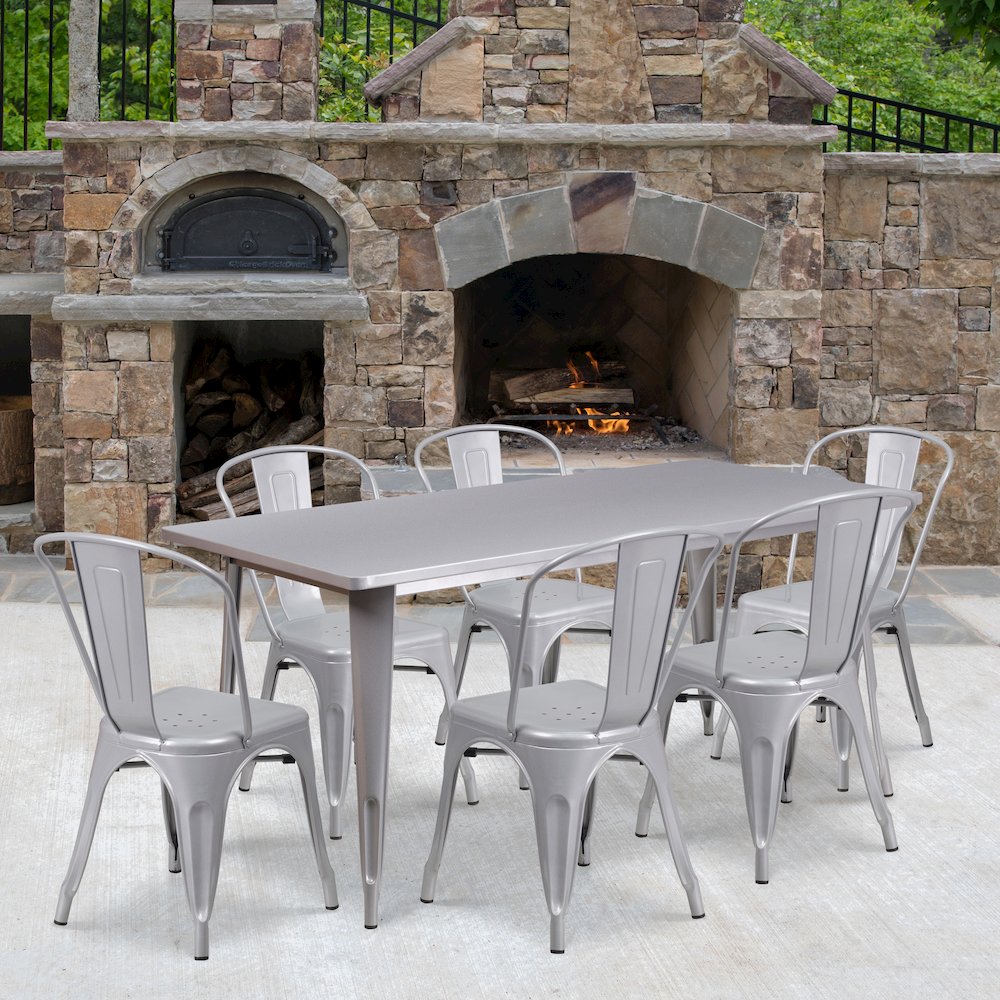 1.5" x 63" Rectangular Silver Metal Indoor-Outdoor Table Set with 6 Stack Chairs. Picture 2