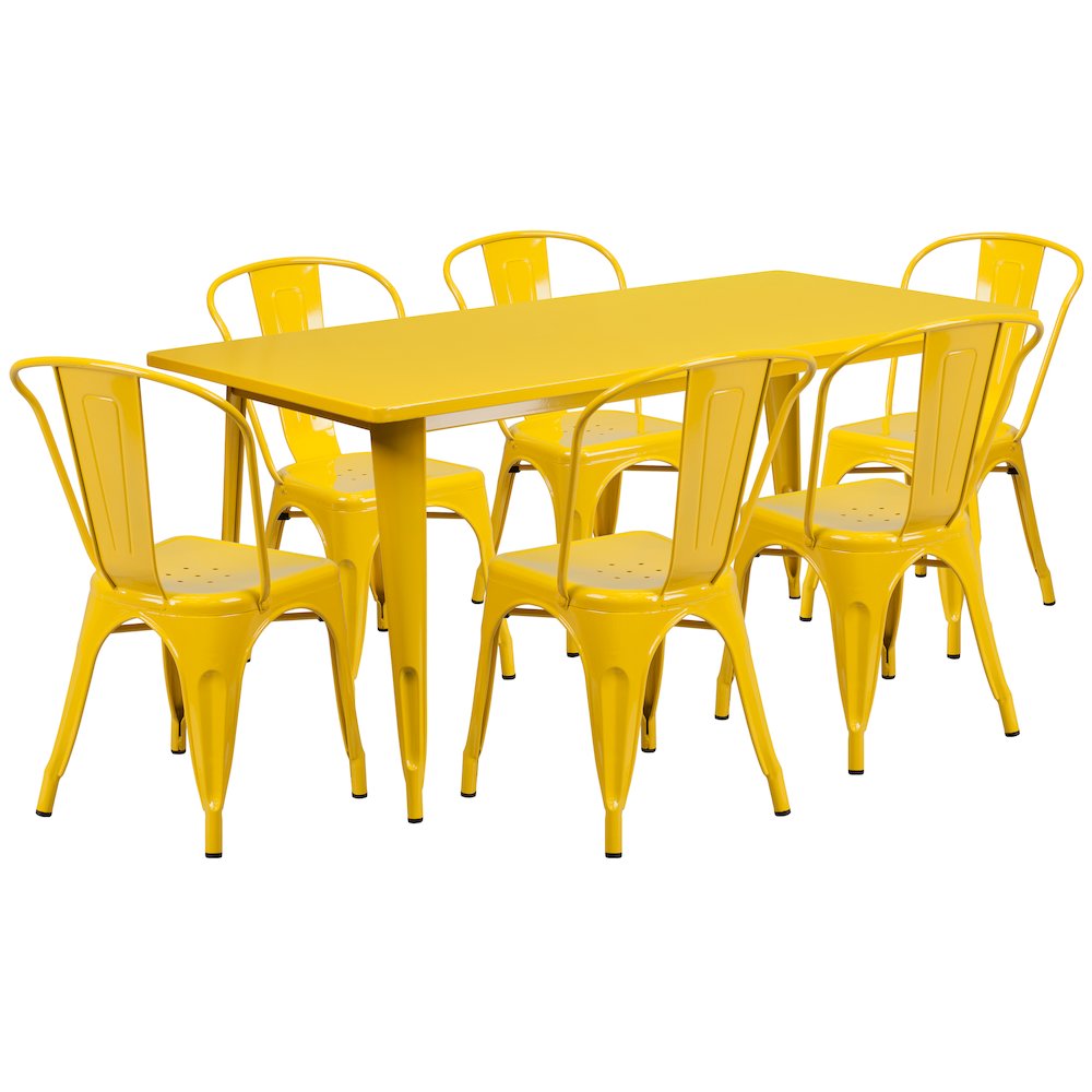 Commercial Grade 31.5" x 63" Rectangular Yellow Metal Indoor-Outdoor Table Set with 6 Stack Chairs. Picture 1