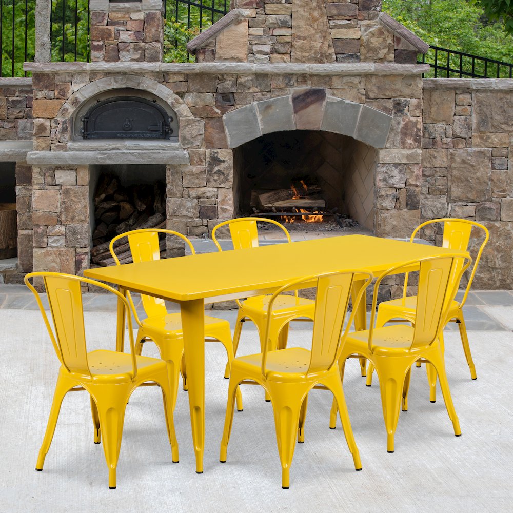 Commercial Grade 31.5" x 63" Rectangular Yellow Metal Indoor-Outdoor Table Set with 6 Stack Chairs. Picture 4