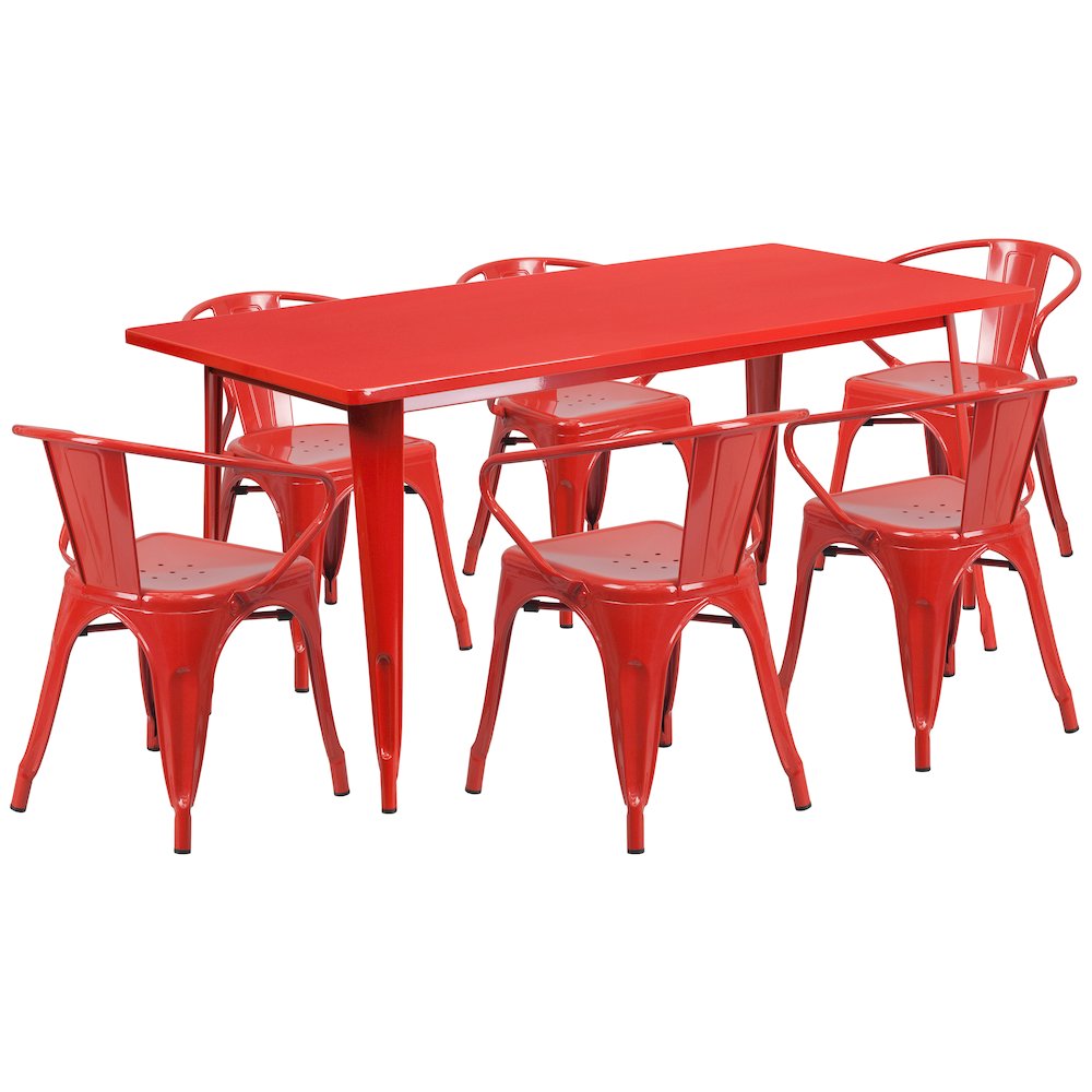 Commercial Grade 31.5" x 63" Rectangular Red Metal Indoor-Outdoor Table Set with 6 Arm Chairs. Picture 1