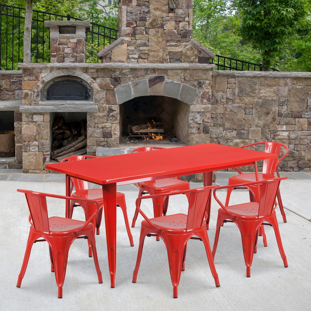 Commercial Grade 31.5" x 63" Rectangular Red Metal Indoor-Outdoor Table Set with 6 Arm Chairs. Picture 4