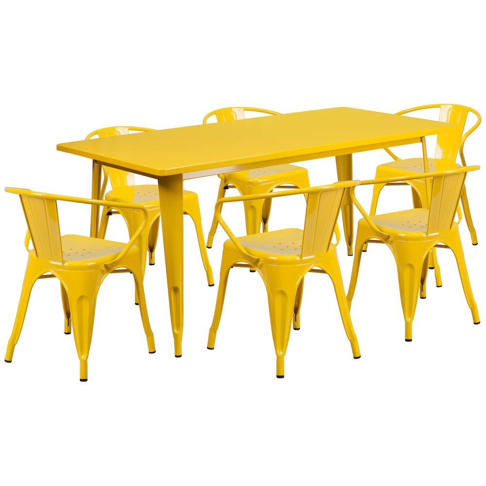 Commercial Grade 31.5" x 63" Rectangular Yellow Metal Indoor-Outdoor Table Set with 6 Arm Chairs. Picture 1