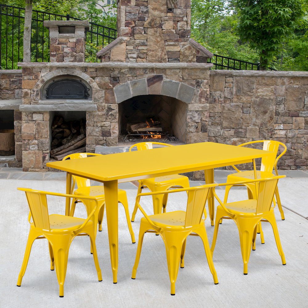 Commercial Grade 31.5" x 63" Rectangular Yellow Metal Indoor-Outdoor Table Set with 6 Arm Chairs. Picture 4