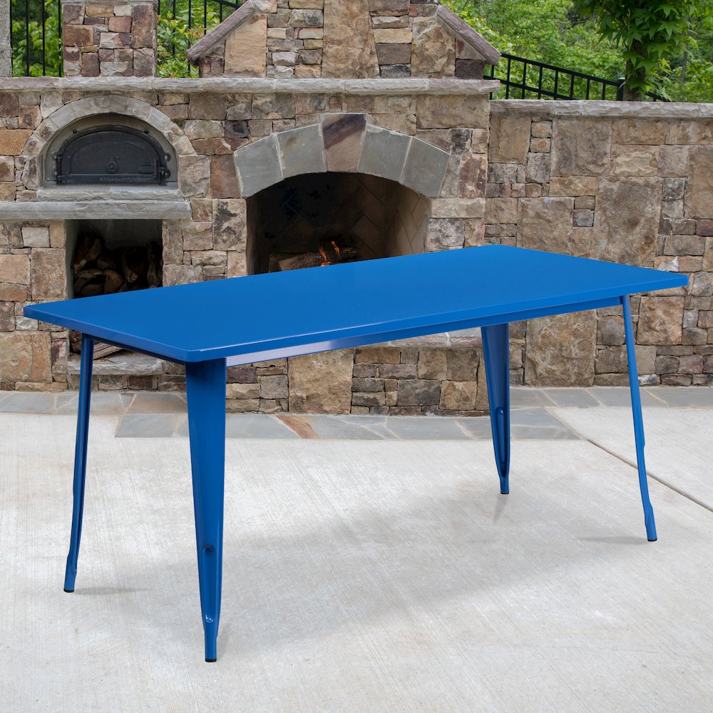 Commercial Grade 31.5" x 63" Rectangular Blue Metal Indoor-Outdoor Table. Picture 2
