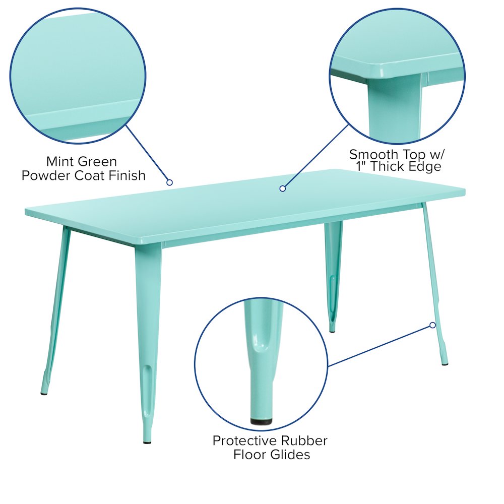 31.5" x 63" Rectangular Mint Green Metal Indoor-Outdoor Table. Picture 4