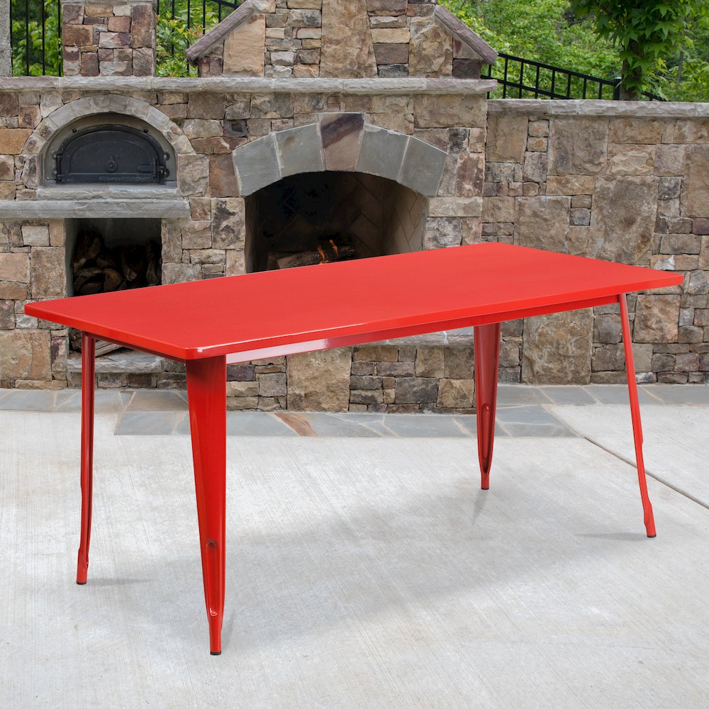 Commercial Grade 31.5" x 63" Rectangular Red Metal Indoor-Outdoor Table. Picture 2