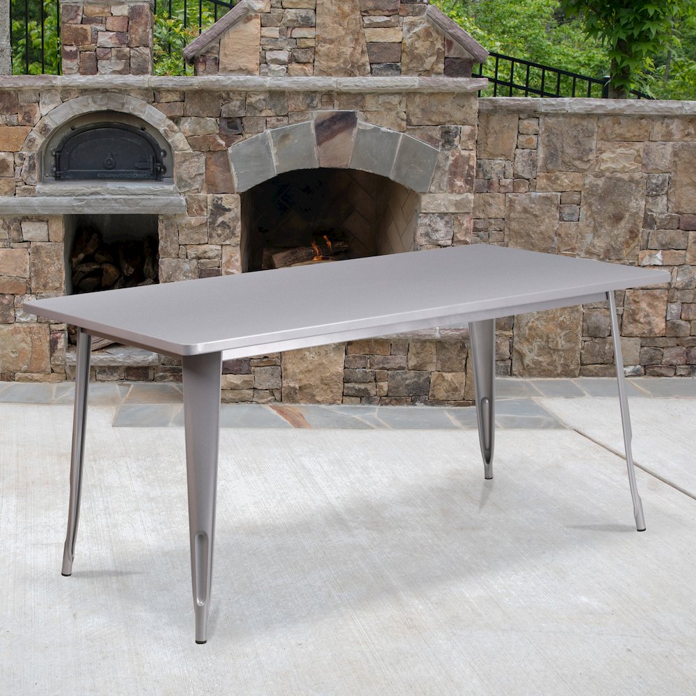 31.5" x 63" Rectangular Silver Metal Indoor-Outdoor Table. Picture 2