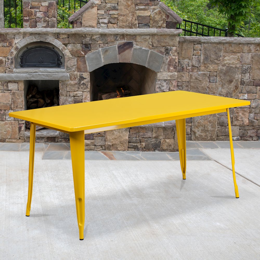 31.5" x 63" Rectangular Yellow Metal Indoor-Outdoor Table. Picture 2