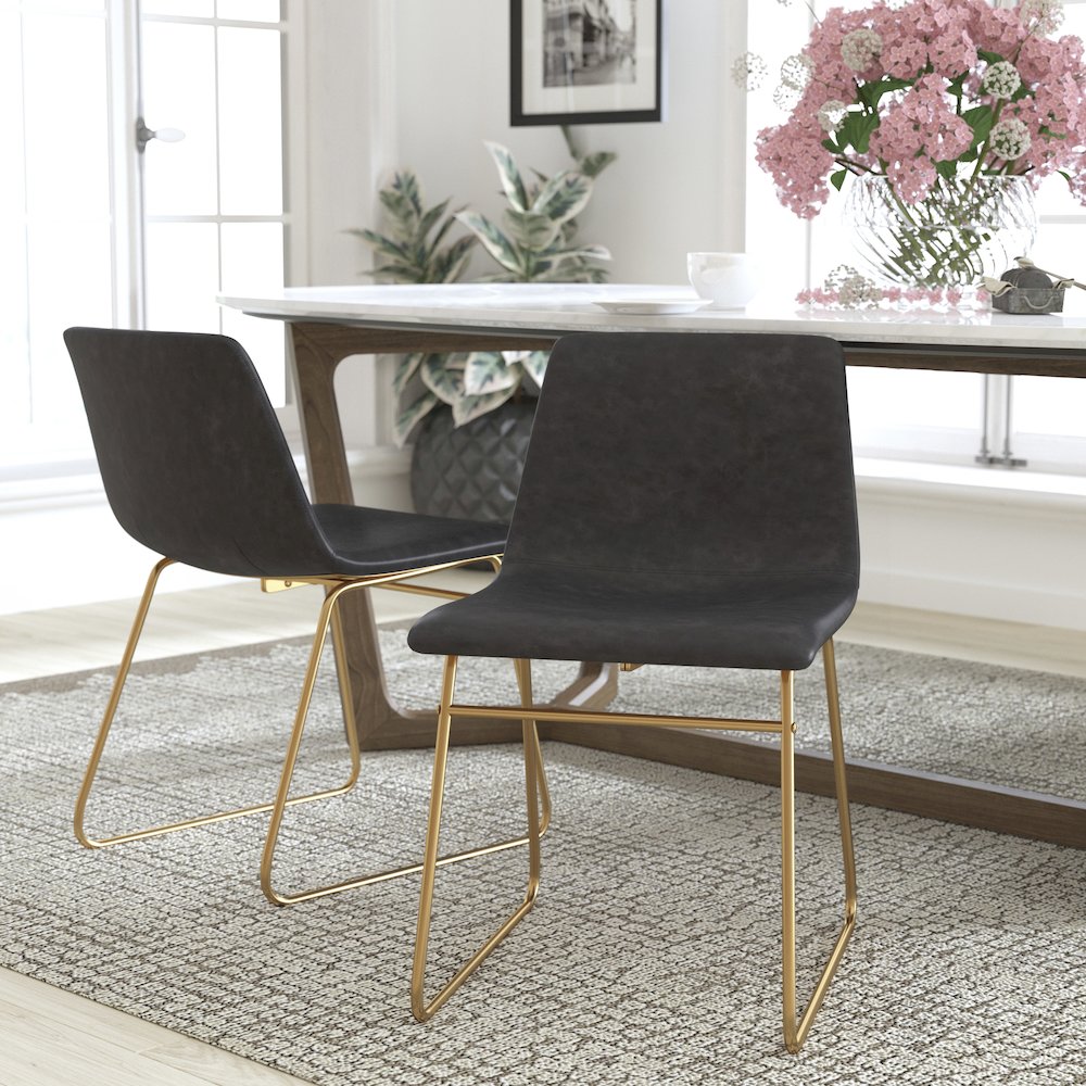 18 in Mid-Back Sled Base Dining Chair in Dark Gray with Gold Frame, Set of 2. Picture 2